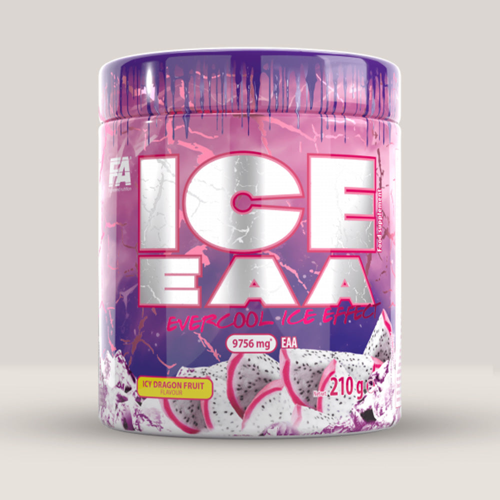 Imagine cu o cutie de FA ICE EAA (210g, 30 de serviri), aminoacizi esențiali cu aromă răcoritoare de fructul dragonului.