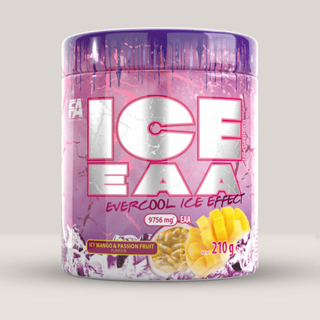 Imagine cu o cutie de FA ICE EAA (210g, 30 de serviri), aminoacizi esențiali cu aromă răcoritoare cu aromă mango și fructul pasiunii.