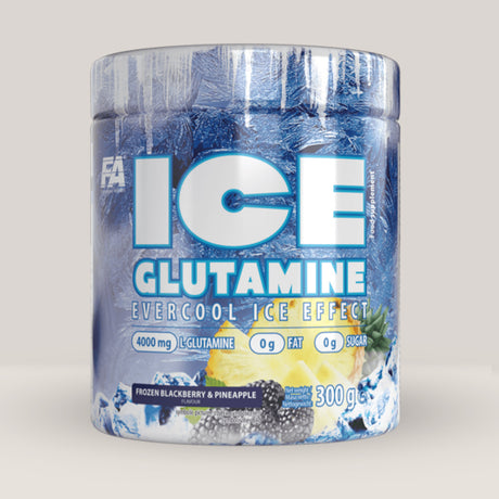 Imagine cu o cutie de FA ICE Glutamine (300g, 60 de serviri), L-glutamină cu aromă răcoritoare pentru recuperare musculară cu aromă de mure și ananas.