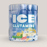 Imagine cu o cutie de FA ICE Glutamine (300g, 60 de serviri), L-glutamină cu aromă răcoritoare pentru recuperare musculară cu aromă de fructe.