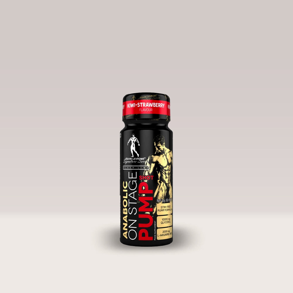 Shot pre-workout fără cofeină Kevin Levrone Anabolic On Stage Pump, un supliment pentru pompare extremă. Căpșuni și kiwi.