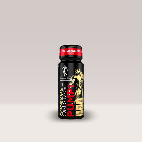Shot pre-workout fără cofeină Kevin Levrone Anabolic On Stage Pump, un supliment pentru pompare extremă. Căpșuni și kiwi.