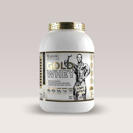 Recipient de concentrat proteic din zer Kevin Levrone Gold Whey, un supliment pentru masă musculară.