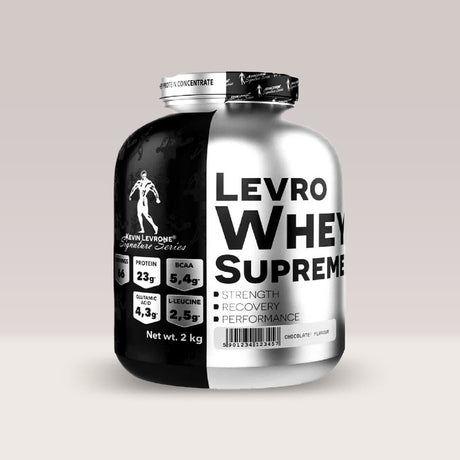 Recipient de proteină din zer Kevin Levrone Levro Whey Supreme, un supliment pentru creștere musculară.