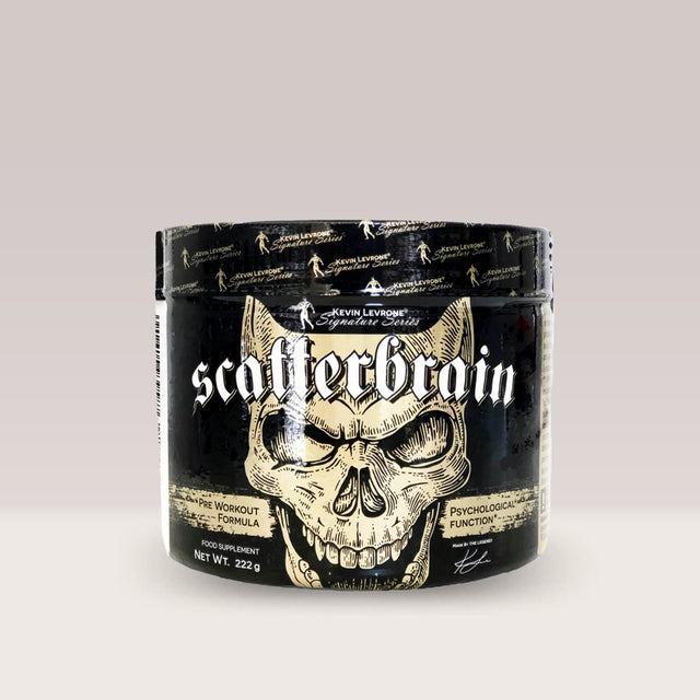 Recipient pudră de pre-workout Kevin Levrone Scatterbrain, un supliment pentru energie și focus extrem.