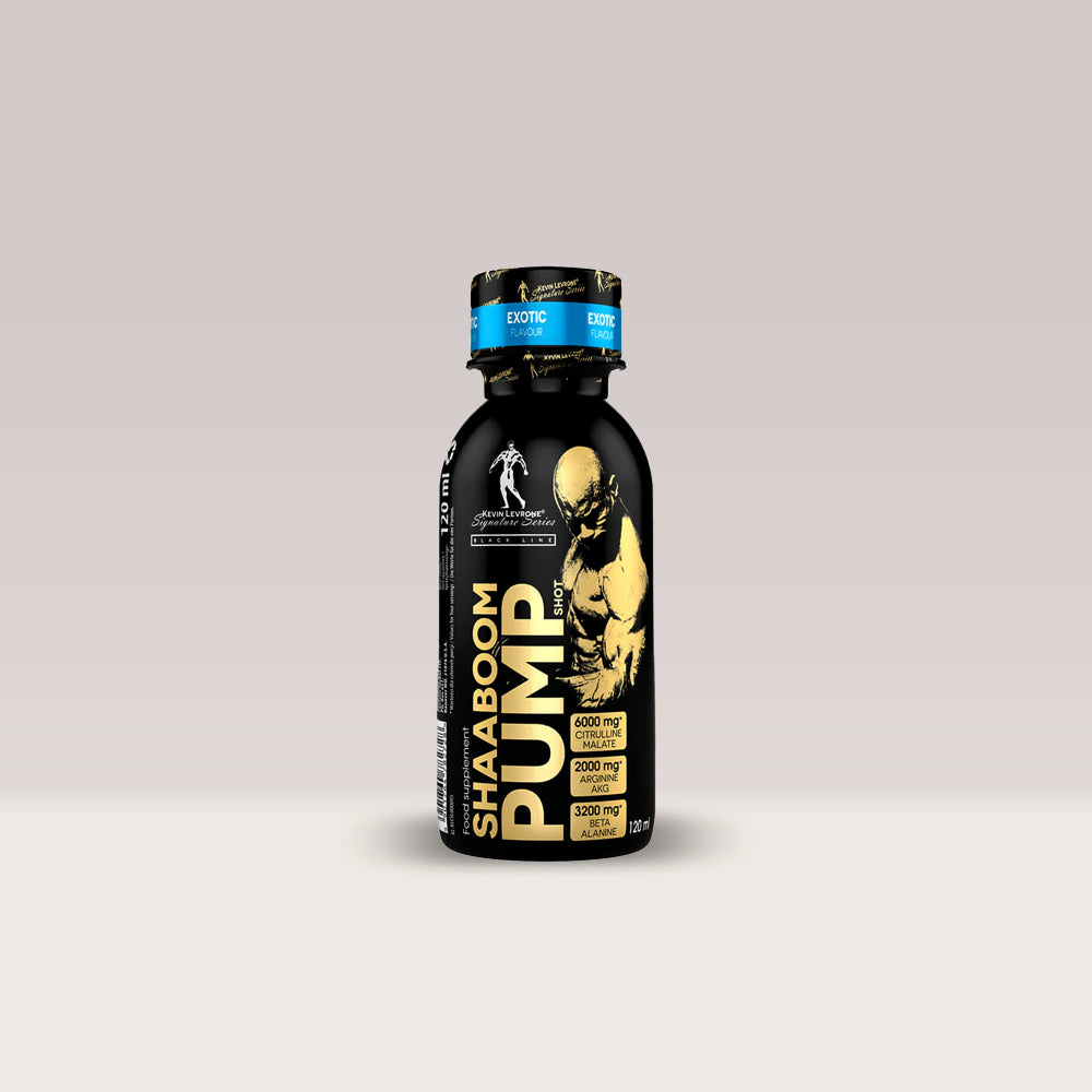 Sticlă de pre-workout lichid Kevin Levrone Shaaboom Pump, un supliment pentru energie și pompare. Exotic aroma.