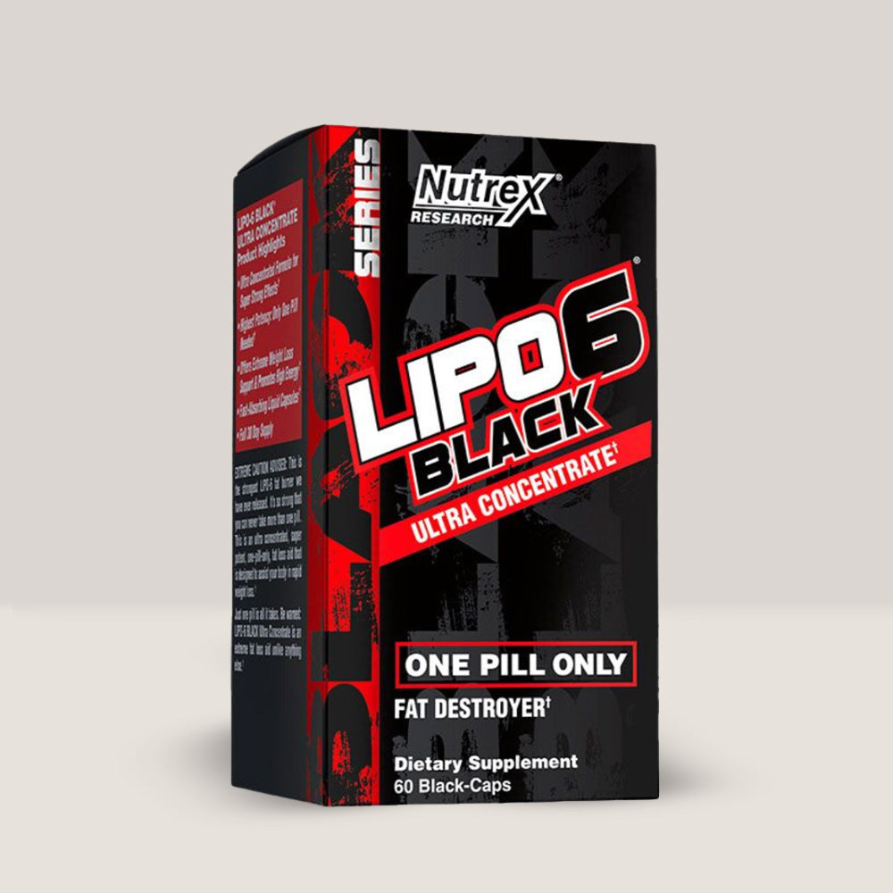 Flacon cu Lipo-6 Black Ultra Concentrate, arzător de grăsimi puternic de la NUTREX, recipient cu 60 de capsule lichide.