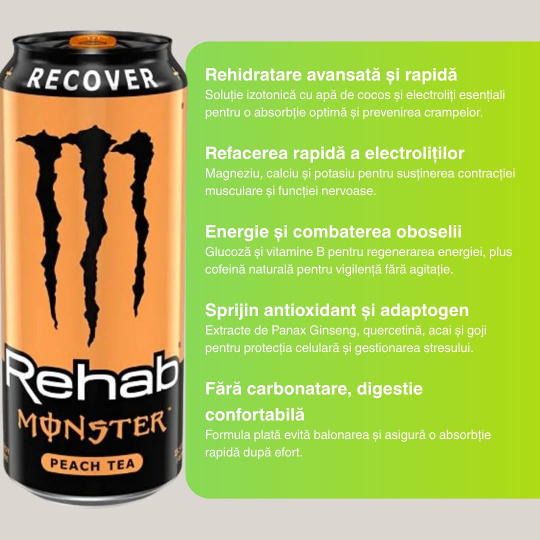 Monster Recover Peach (458ml) – Băutură non-carbonatată pentru recuperare (rehidratare & refacere energetică) | MONSTER ENERGY