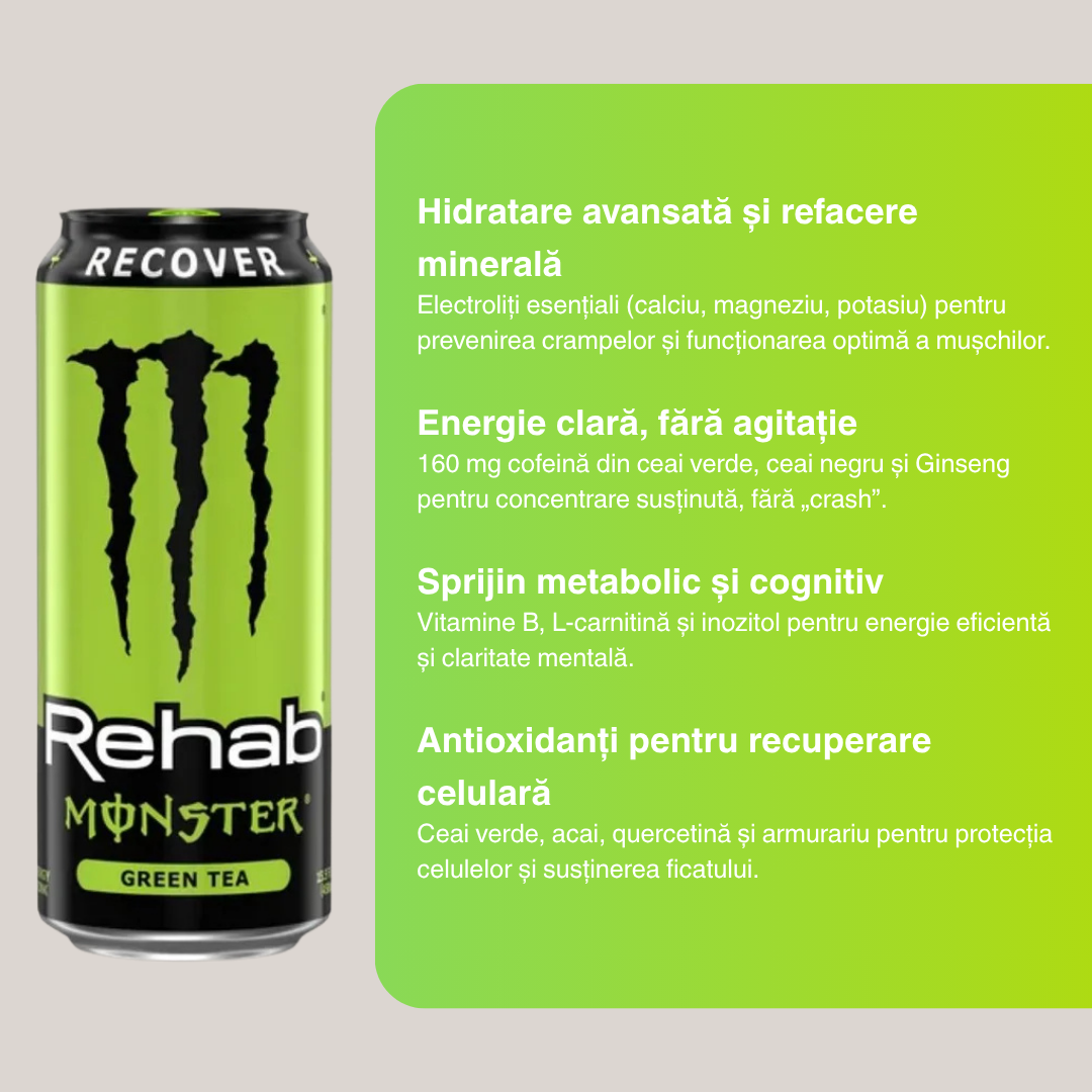 Monster Rehab Green Tea (473ml) – Băutură revitalizantă necarbonatată (hidratare avansată & refacere energetică) – 1 porție | MONSTER ENERGY