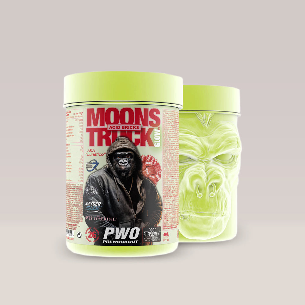 Cutie de Moonstruck Glow, ediția Acid Bricks, de la Zoomad Labs, supliment pre-workout premium, ambalaj de 494g.