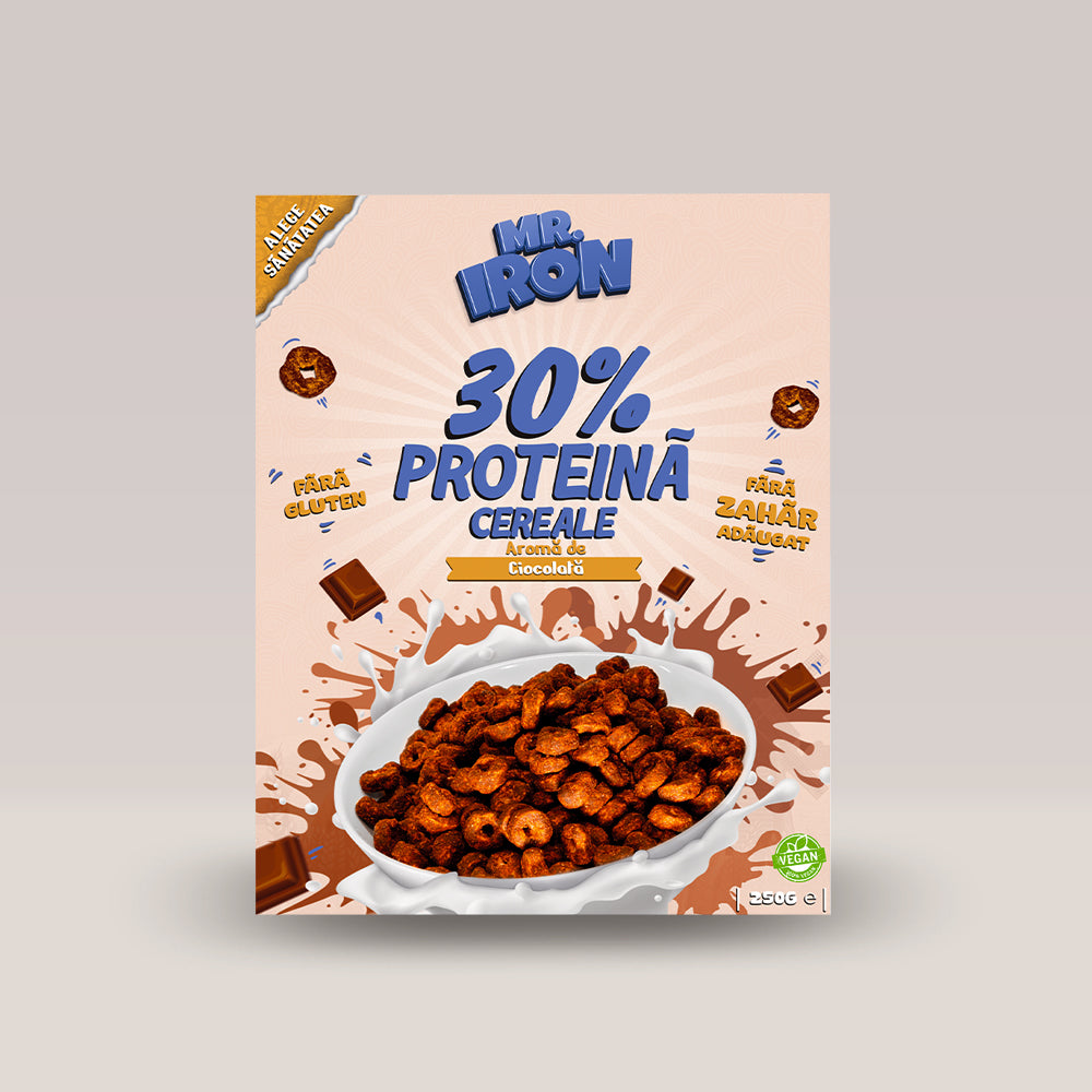 Imagine cu cerealele proteice 30% Protein Cereals de la Mr. Iron, 250g. Chocolate aroma.