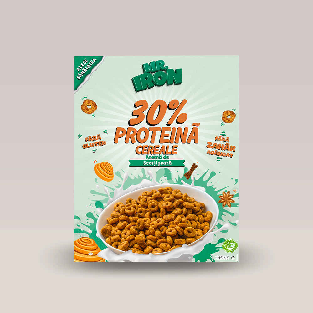 Imagine cu cerealele proteice 30% Protein Cereals de la Mr. Iron, 250g. Cinnamon aroma.