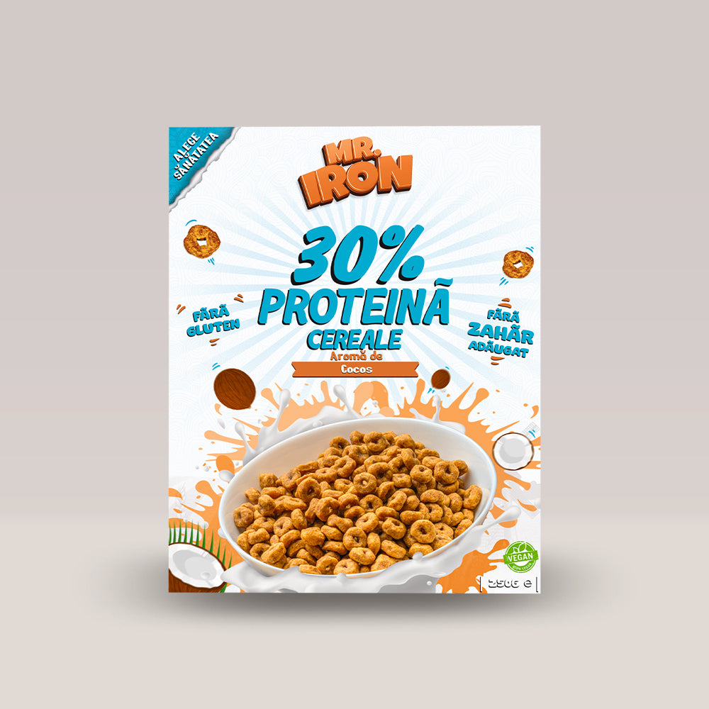 Imagine cu cerealele proteice 30% Protein Cereals de la Mr. Iron, 250g. Coconut aroma.