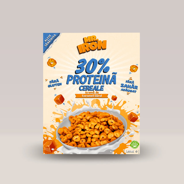 Imagine cu cerealele proteice 30% Protein Cereals de la Mr. Iron, 250g. Salted caramel aroma.