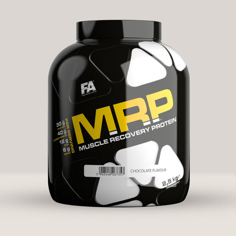 Imagine cu o cutie de FA MRP (Muscle Recovery Protein) 2.5kg (25 de serviri) de la Fitness Authority un înlocuitor de masă nutritiv cu proteine și ovăz, ambalaj de 2.5kg.