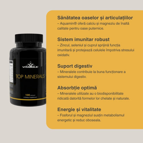 Minerale esențiale pentru energie, imunitate și oase puternice. Descoperă VITABOLIC Top Minerals.