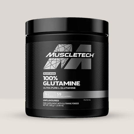 Imagine cu o cutie de 100% Platinum Glutamine (300g, 60 de serviri) de la MuscleTech, o pulbere de glutamină pură pentru recuperare musculară.