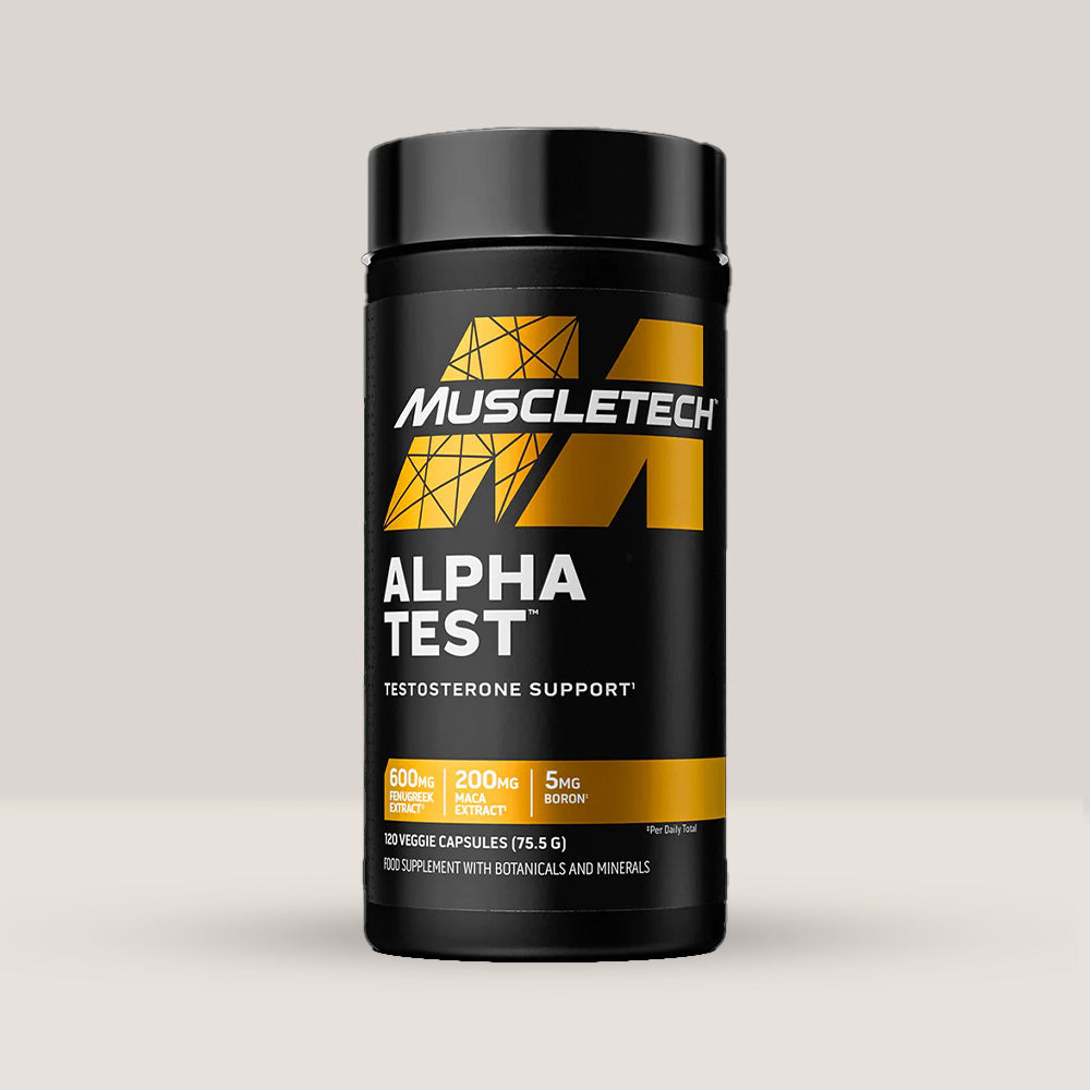 Imagine cu o cutie de Alphatest (30 de serviri) de la MuscleTech, un supliment pentru creșterea nivelului de testosteron.