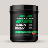 Imagine cu o cutie de Amino Build™ BCAA+ (40 de serviri) de la MuscleTech, o formulă avansată cu BCAA pentru creștere musculară cu aromă de căpșuni și pepene roșu.