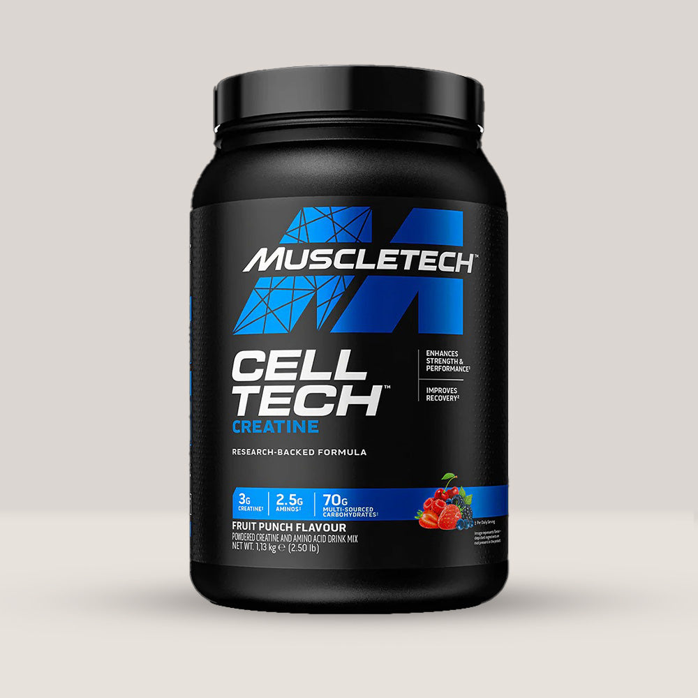 Imagine cu o cutie de Cell Tech Creatine (13 serviri) de la MuscleTech, o formulă avansată de creatină pentru creșterea performanței cu aromă de punch de fructe.