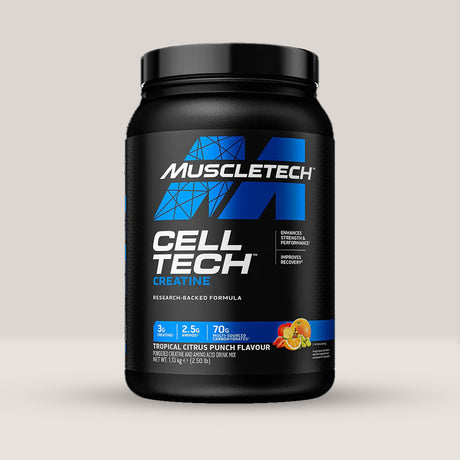 Imagine cu o cutie de Cell Tech Creatine (13 serviri) de la MuscleTech, o formulă avansată de creatină pentru creșterea performanței cu aromă de citrice tropicale.