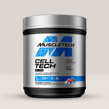 Flacon de formulă cu creatină avansată MuscleTech Cell-Tech Elite, un supliment pentru forță și masă musculară. Blueberry aroma.