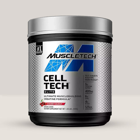 Flacon de formulă cu creatină avansată MuscleTech Cell-Tech Elite, un supliment pentru forță și masă musculară. Cherry burst aroma.
