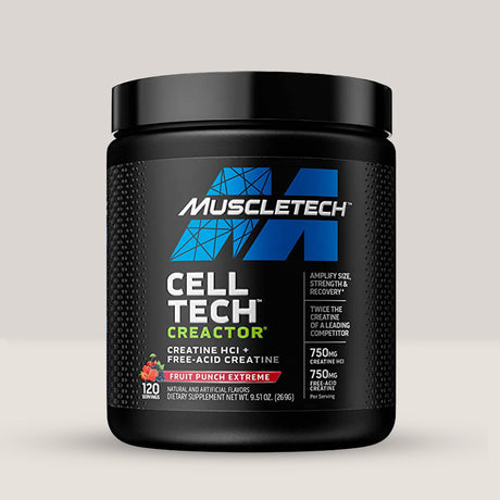 Flacon de creatină HCl și acid-liber MuscleTech Creactor, un supliment pentru forță și masă musculară. Fruit punch aroma.