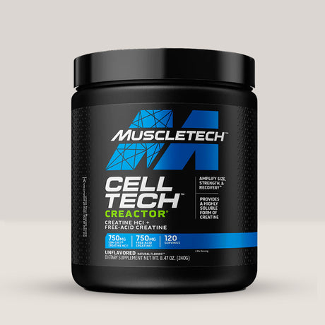 Flacon de creatină HCl și acid-liber MuscleTech Creactor, un supliment pentru forță și masă musculară. Fără aromă.