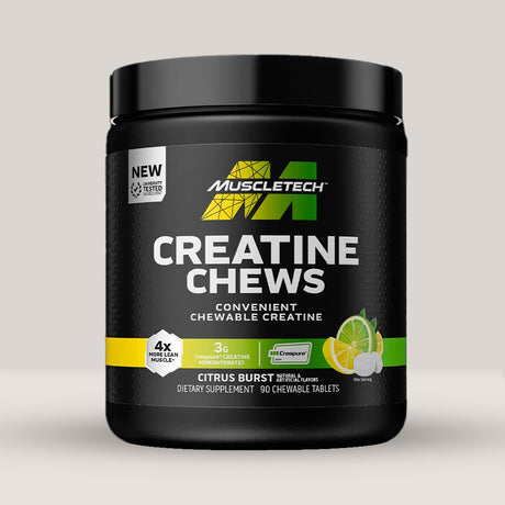 Imagine cu o cutie de Creatine Chews Creapure (30 de serviri) de la MuscleTech, jeleuri cu creatină pentru creșterea performanței.