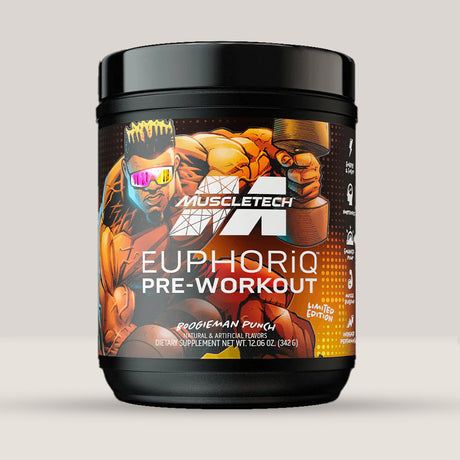 Imagine cu o cutie de Euphoriq Pre-Workout (20 de serviri) de la MuscleTech, un supliment pre-workout pentru energie și performanță cu arome artificiale aka boogieman punch.