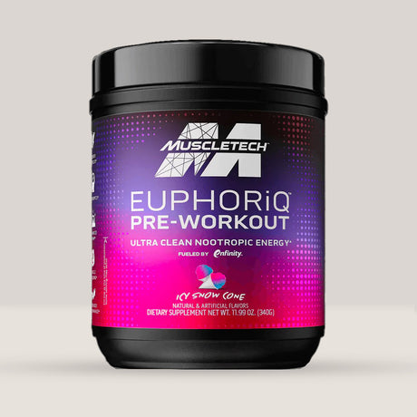 Imagine cu o cutie de Euphoriq Pre-Workout (20 de serviri) de la MuscleTech, un supliment pre-workout pentru energie și performanță cu aromă de înghețată.