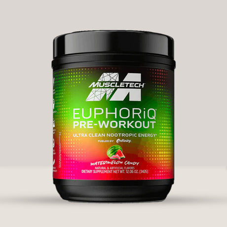 Imagine cu o cutie de Euphoriq Pre-Workout (20 de serviri) de la MuscleTech, un supliment pre-workout pentru energie și performanță cu aromă de pepene roșu.
