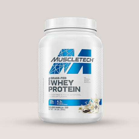 Imagine cu o cutie de Grass-Fed 100% Whey Protein (816g) de la MuscleTech, o proteină din zer de la vaci hrănite cu iarbă cu. Aromă de vanilie.