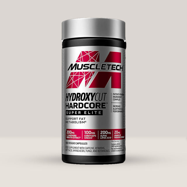 Imagine cu o cutie de Hydroxycut Hardcore Super Elite (50 de serviri) de la MuscleTech, un arzător de grăsimi termogenic pentru energie și focus.