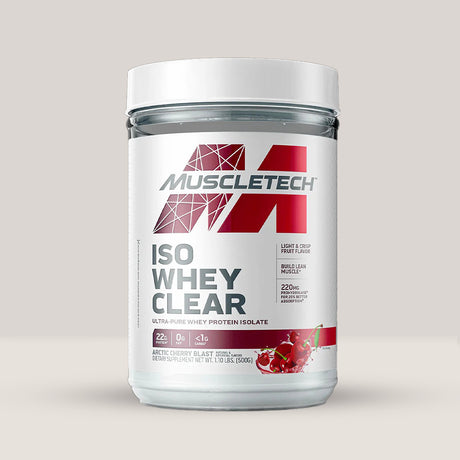 Imagine cu o cutie de ISO Whey Clear (500g) de la MuscleTech, un izolat proteic din zer ultra pur, cu absorbție rapidă cu aromă de cireșe.