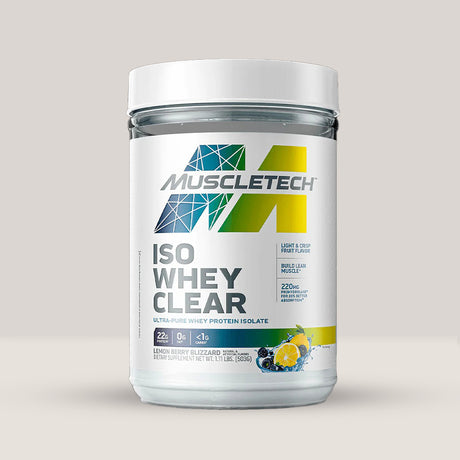 Imagine cu o cutie de ISO Whey Clear (500g) de la MuscleTech, un izolat proteic din zer ultra pur, cu absorbție rapidă cu aromă de lămâie înghețată.