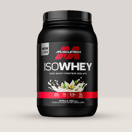 Imagine cu o cutie de IsoWhey (907g) de la MuscleTech, un izolat proteic din zer de calitate superioară. Aromă de vanilie.