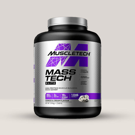Imagine cu o cutie de MassTech Elite (3.18kg, 14 serviri) de la MuscleTech, un gainer premium pentru creștere în masă musculară cu aromă de cookies și cremă.