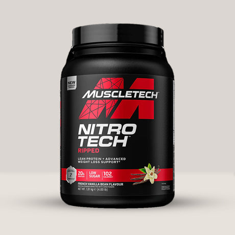 Imagine cu o cutie de Nitro Tech Ripped (60 de serviri) de la MuscleTech, o proteină din zer pentru slăbit și definire musculară cu aromă de french vanilla bean.
