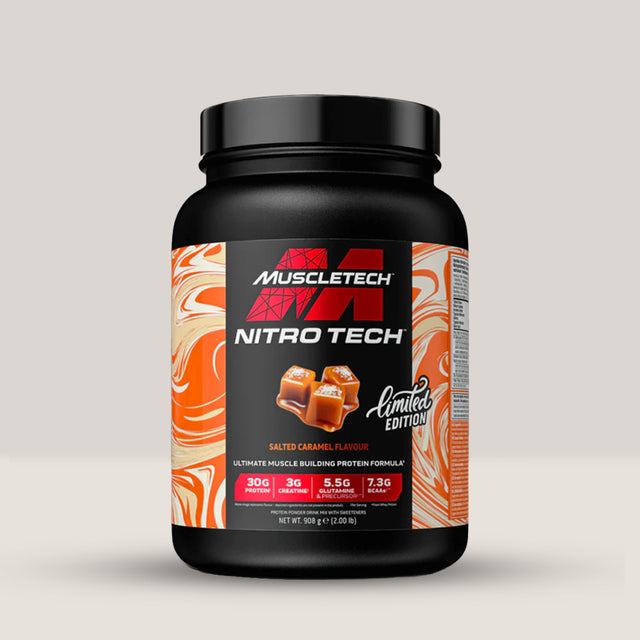 Imagine cu o cutie de Nitrotech Whey Protein (998g, 20 de serviri) de la MuscleTech, o proteină din zer pentru creștere musculară cu aromă de caramel sarat.