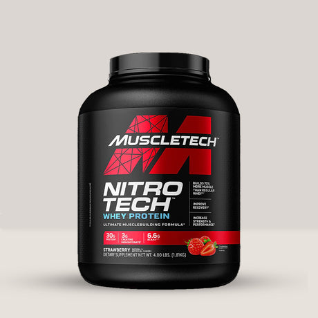 Imagine cu o cutie de Nitrotech Whey Protein (1810g, 40 de serviri) de la MuscleTech, o proteină din zer pentru creștere musculară cu aromă de cremă de căpșuni.