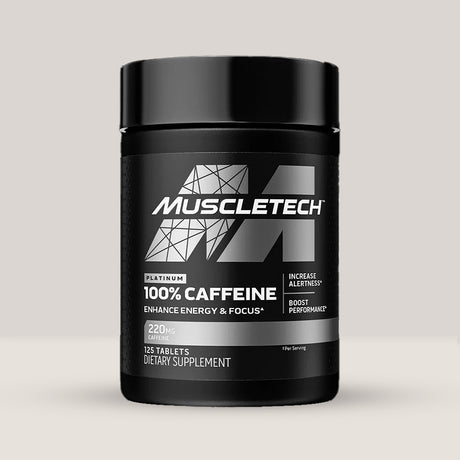 Imagine cu o cutie de Platinum 100% Caffeine (220mg) (125 tablete) de la MuscleTech, un supliment cu cafeină anhidră pură.