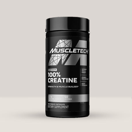 Imagine cu o cutie de Platinum 100% Creatine (50 de serviri) de la MuscleTech, un supliment cu creatină monohidrat pură pentru creșterea performanței.