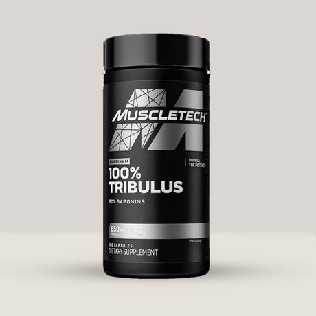 Imagine cu o cutie de Platinum 100% Tribulus (100 capsule) de la MuscleTech, un supliment cu extract de Tribulus Terrestris pentru creșterea nivelului de testosteron.