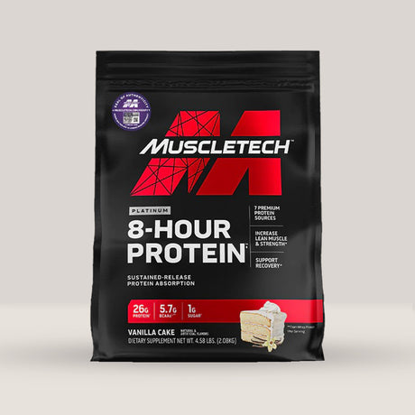 Imagine cu o cutie de Platinum 8-Hour Protein (2100g, 50 de serviri) de la MuscleTech, un amestec de proteine cu eliberare treptată cu aromă de tort de vanilie.