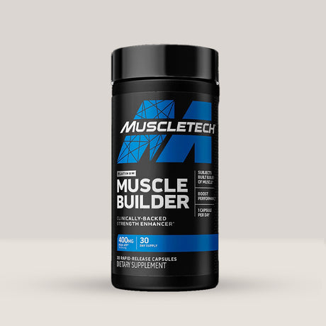 Imagine cu o cutie de Platinum Muscle Builder (30 de serviri) de la MuscleTech, un supliment pentru creșterea forței și a masei musculare.