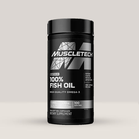 Flacon de Omega 3 ulei de pește MuscleTech Platinum, un supliment pentru sănătatea inimii și recuperare.