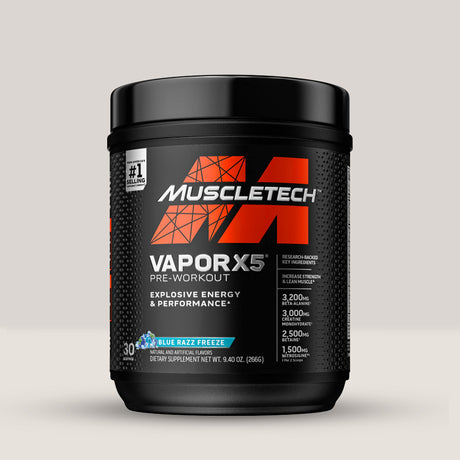 Imagine cu suplimentul pre-workout Vapor X5 de la MUSCLE TECH, 266g, 30 de serviri cu aroma de blue razz freeze.