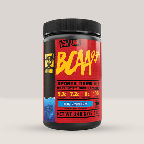 Flacon de aminoacizi BCAA 9.7 de la Mutant, un supliment pentru recuperare și hidratare. Blue raspberry aroma.